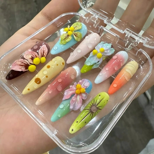 JoyCraft Haven  100% Handmade Dopamine 3D Island Carved Removable Hawaii Ins Luxury Press On Nails