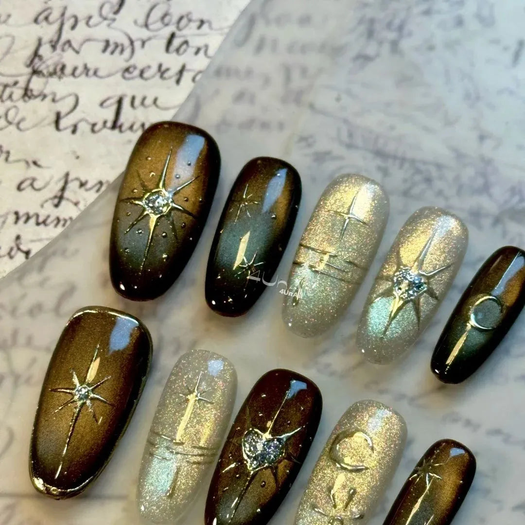 JoyCraft Haven Handmade Cat Eye Gilded Seven-Pointed Star Heart Press On Nails, Winter Skin-Flattering Atmosphere Removable Nails