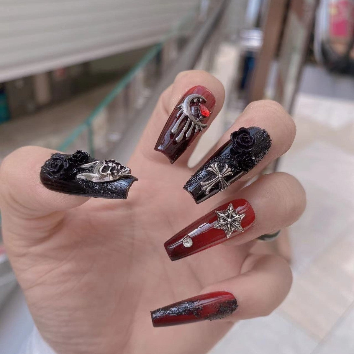 JoyCraft Haven Gothic Blood Ritual Edgy Hot Girl Press On Nails, Retro Metal Black Rose Skull Handmade Nails